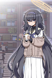 Rule 34 | 1girl, absurdres, black eyes, black hair, blue archive, blurry, bookshelf, commentary request, cup, depth of field, hair between eyes, hairband, halo, highres, holding, holding cup, jewelry, long hair, long sleeves, looking at viewer, necklace, pleated skirt, ribbed sweater, school uniform, serafuku, side ponytail, sidelocks, skirt, solo, sweater, turtleneck, ui (blue archive), zeroku77