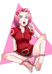 1girl anger_vein barefoot blue_eyes breasts dress feet fellatio_gesture female_focus female_pubic_hair full_body gateponpon haruno_sakura knee_up looking_at_viewer naruto naruto_(series) open_mouth panties panties_around_leg pink_hair pink_panties pubic_hair pussy pussy_peek red_dress saliva saliva_trail short_hair short_sleeves simple_background sitting small_breasts solo spread_legs thighs toenails toes underwear white_background zipper zipper_pull_tab