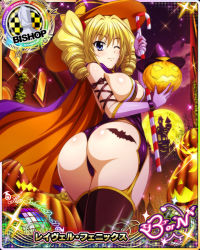 Rule 34 | 1girl, ass, bishop (chess), blonde hair, blue eyes, breasts, card (medium), chess piece, costume, elbow gloves, female focus, full moon, gloves, halloween, halloween costume, hat, high school dxd, huge ass, jack-o&#039;-lantern, large breasts, looking at viewer, looking back, moon, official art, one eye closed, purple gloves, ravel phenex, sideboob, smile, solo, thighhighs, thong, wink, witch hat