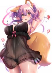 Rule 34 | 1girl, animal ear fluff, animal ears, arms behind back, black panties, black string, blush, breasts, cleavage, fang, fate/extra, fate/extra ccc, fate/grand order, fate (series), food, fox ears, fox girl, fox tail, fruit, groin, highres, kaenuco, large breasts, looking at viewer, looking down, panties, pink hair, see-through, skindentation, solo, strawberry, tail, tamamo (fate), tamamo no mae (fate/extra), tongue, tongue out, underwear, underwear only, yellow eyes