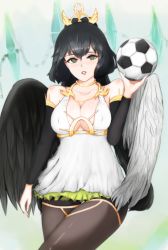Rule 34 | 1girl, appleslush, arm warmers, ball, black hair, black pantyhose, black wings, breasts, cleavage, collarbone, covered erect nipples, green eyes, grey eyes, hair ornament, highres, holding, holding ball, looking at viewer, md5 mismatch, metatron (soccer spirits), pantyhose, parted lips, pursed lips, soccer ball, soccer spirits, solo, white wings, wings