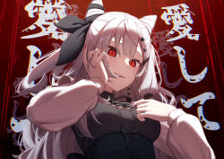 Rule 34 | 1girl, :d, text background, black shirt, blush, braid, chain, collar, cone hair bun, corset, empty eyes, erezu, grey hair, hair bun, hand on own cheek, hand on own face, highres, hololive, hololive indonesia, long hair, long sleeves, looking at viewer, nail polish, open mouth, red background, red eyes, red nails, shirt, smile, solo, translation request, upper body, very long hair, vestia zeta, virtual youtuber
