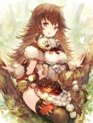 Rule 34 | 1girl, ahoge, ascot, back bow, backless outfit, belt, bow, breasts, brown hair, bug, butterfly, capelet, chestnut mouth, chobi (sakuyasakuhana), commentary request, day, dress, fur-trimmed capelet, fur-trimmed collar, fur-trimmed dress, fur-trimmed sleeves, fur trim, glowing butterfly, grimms notes, highres, in tree, insect, looking at viewer, medium breasts, messy hair, nature, open mouth, outdoors, paw print, purple eyes, red bow, red capelet, sitting, sitting in tree, solo, thighhighs, thighs, tree