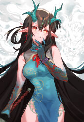 Rule 34 | 1girl, arknights, bead bracelet, beads, black hair, blue dress, bracelet, breasts, china dress, chinese clothes, colored skin, commentary, dragon, dragon background, dragon girl, dragon horns, dress, dusk (arknights), earrings, english commentary, gradient skin, green hair, green horns, green skin, highres, holding, holding sword, holding weapon, horns, jewelry, long hair, looking at viewer, medium breasts, multicolored hair, parted lips, pointy ears, raneblu, red eyes, red skin, side slit, sleeveless, sleeveless dress, solo, streaked hair, sword, tassel, tassel earrings, very long hair, weapon