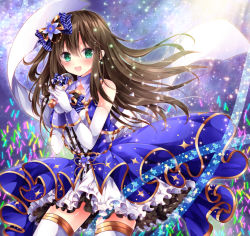 Rule 34 | 10s, 1girl, :d, bare shoulders, blue bow, blue dress, blush, bow, brown hair, collarbone, dress, floating hair, flower, frilled dress, frills, gloves, glowstick, green eyes, hair between eyes, hair bow, holding, holding microphone, idol, idolmaster, idolmaster cinderella girls, light, light rays, long hair, looking at viewer, microphone, multicolored clothes, multicolored dress, music, nogi takayoshi, open mouth, shibuya rin, singing, sleeveless, sleeveless dress, smile, solo, standing, star (symbol), thighhighs, white dress, white gloves, white thighhighs, zettai ryouiki