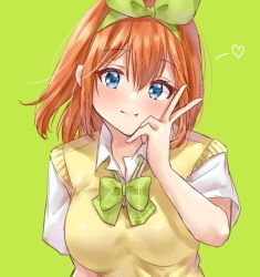 Rule 34 | 1girl, bad id, bad twitter id, blue eyes, blush, bow, bowtie, collared shirt, go-toubun no hanayome, green background, green bow, green bowtie, green ribbon, hair ribbon, hand on own cheek, hand on own face, heart, looking at viewer, minori 748, nakano yotsuba, orange hair, plaid, plaid bow, plaid bowtie, plaid neckwear, ribbon, shirt, short hair, simple background, smile, solo, sweater vest, upper body, v, white shirt