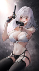 Rule 34 | 1girl, :d, absurdres, bare arms, bare shoulders, black panties, black thighhighs, bra, breasts, cleavage, commentary request, dual wielding, grey background, gun, handgun, highres, holding, holding gun, holding weapon, large breasts, long hair, looking at viewer, navel, open mouth, original, panties, red eyes, revolver, sitting, smile, solo, stomach, thigh strap, thighhighs, thighs, underwear, uth 95, weapon, white bra, white hair