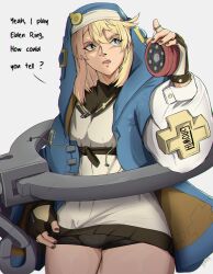 Rule 34 | 1boy, androgyne symbol, androgynous, bike shorts, bike shorts under skirt, black gloves, black nails, black skirt, blonde hair, blue eyes, blue jacket, breasts, bridget (guilty gear), bulge, commentary, cowboy shot, cowlick, cuffs, english commentary, english text, fingerless gloves, gloves, guilty gear, guilty gear strive, hair between eyes, handcuffs, highres, holding, hood, hood up, hooded jacket, jacket, long sleeves, male focus, medium hair, miniskirt, nail polish, open clothes, open jacket, open mouth, pleated skirt, puffy long sleeves, puffy sleeves, simple background, skirt, small breasts, teeth, trap, upper teeth only, white background, yo-yo, yoracrab, zipper, zipper pull tab