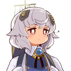 Rule 34 | 1girl, azur lane, bright pupils, bulldog (azur lane), closed mouth, commentary request, dot mouth, gloves, grey hair, hair ornament, looking away, mota, pink eyes, short hair, simple background, solo, sparkle, upper body, white background, white gloves