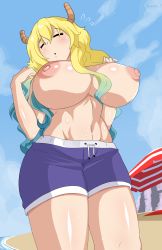 Rule 34 | 1girl, absurdres, beach, beach umbrella, blonde hair, blue hair, blue male swimwear, blue swim trunks, blush, breasts, closed eyes, dragon girl, dragon horns, drawstring, gradient hair, hagarza p, highres, horns, huge breasts, kobayashi-san chi no maidragon, long hair, lucoa (maidragon), male swimwear, male swimwear challenge, multicolored hair, navel, nipples, sky, solo, stomach, sweat, swim trunks, swimsuit, thick thighs, thighs, topless, umbrella, you&#039;re doing it wrong
