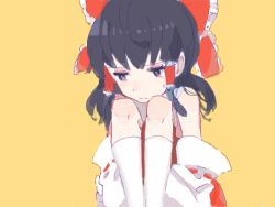 Rule 34 | 1girl, archived source, bad drawr id, bad id, bare shoulders, black eyes, black hair, bow, closed mouth, detached sleeves, drawr, feet out of frame, frilled bow, frilled hair tubes, frills, frown, hair bow, hair tubes, hakurei reimu, hayakawa (hay03), hugging own legs, kneehighs, knees up, large bow, legs together, long hair, long sleeves, looking away, looking down, negative space, oekaki, orange background, red bow, red ribbon, ribbon, ribbon-trimmed sleeves, ribbon trim, sad, sidelocks, simple background, sitting, socks, solo, touhou, white socks, wide sleeves