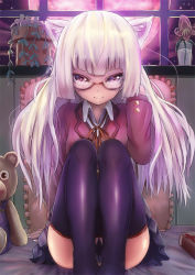Rule 34 | 1girl, animal ears, blazer, book, cat ears, flower, full moon, glass, glasses, hand in own hair, hime cut, indoors, long hair, long sleeves, looking at viewer, moon, night, noririn, original, parted lips, pillow, plant, potted plant, purple eyes, red moon, revision, school uniform, silver hair, sitting, skirt, solo, stuffed animal, stuffed toy, thighhighs, water, window