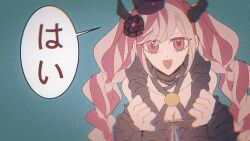 Rule 34 | 1girl, asasuy, blue background, crown, demon horns, dress, gloves, highres, horns, looking at viewer, master detective archives: rain code, pink eyes, pink hair, shinigami, shinigami (rain code), simple background, speech bubble, translation request, twintails
