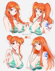 Rule 34 | 1girl, alternate hairstyle, bare shoulders, bikini, bikini top only, braid, breasts, cleavage, double bun, earrings, hair bun, jewelry, joman, large breasts, long hair, looking at viewer, nami (one piece), one piece, orange eyes, orange hair, shoulder tattoo, smile, swimsuit, tattoo, twin braids, twintails, twitter username, v