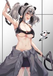 Rule 34 | 1girl, :d, absurdres, animal, animal ears, apple box (umruruu), arknights, arm up, armpits, bare arms, bare shoulders, black hair, black skirt, blush, breasts, cleavage, clothes around waist, commentary, cowboy shot, crop top, dual wielding, eyewear on head, fang, feater (arknights), grey background, grey jacket, hair between eyes, highres, holding, holding sword, holding weapon, jacket, jacket around waist, large breasts, looking at viewer, midriff, multicolored hair, navel, open mouth, panda, panda ears, red eyes, round eyewear, short hair, silver hair, skirt, sleeveless, smile, standing, stomach, streaked hair, sunglasses, sword, twintails, underboob, weapon