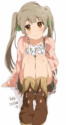 Rule 34 | 10s, 1girl, alternate hairstyle, brown eyes, fringe trim, hair ribbon, jacket, light brown hair, long hair, love live!, love live! school idol project, minami kotori, ogipote, open clothes, open jacket, ribbon, shirt, sitting, skirt, smile, solo, twintails, very long hair