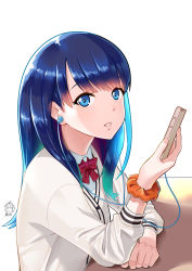 Rule 34 | 1girl, blue eyes, blue hair, bow, bowtie, cardigan, earphones, from side, ge xi, gloves, gridman universe, highres, holding, long hair, long sleeves, looking at viewer, looking to the side, parted lips, red bow, red bowtie, school uniform, scrunchie, signature, simple background, smile, solo, ssss.gridman, table, takarada rikka, upper body, white background, white cardigan, wrist scrunchie