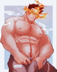Rule 34 | 1boy, abs, bara, blue eyes, body hair, boku no hero academia, endeavor (boku no hero academia), facial hair, fire, hairy, highres, large pectorals, male focus, male pubic hair, muscular, naked towel, nipples, pectorals, pubic hair, red hair, red pubic hair, scar, short hair, solo, spiked hair, steam, stormcallart, stubble, towel