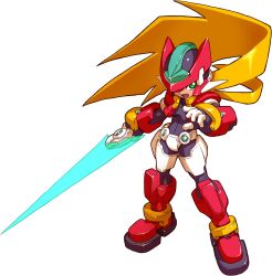 Rule 34 | 1boy, absurdres, archived source, armor, black bodysuit, blonde hair, bodysuit, boots, cropped jacket, crotch plate, energy sword, forehead jewel, green eyes, helmet, highres, holding, holding sword, holding weapon, jacket, long hair, makoto yabe, mega man (series), mega man zx, model zx (mega man), official art, power armor, red armor, red footwear, red helmet, red jacket, simple background, solo, sword, vent (mega man), weapon, white background