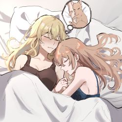 Rule 34 | 2girls, absurdres, arm grab, bare shoulders, blanket, blonde hair, blush, breasts, brown hair, cat, collarbone, commentary request, closed eyes, facing another, genshin impact, hair between eyes, highres, imagining, jean (genshin impact), lisa (genshin impact), long hair, multiple girls, pillow, sideboob, sketch, sleeping, sweat, tank top, thought bubble, under covers, yamabuki0211, yuri
