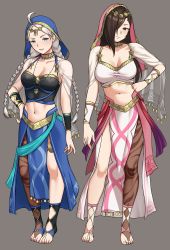 Rule 34 | 2girls, absurdres, ahoge, azura (fire emblem), azura (fire emblem) (cosplay), bbk (13zk), blue eyes, braid, breasts, brown eyes, brown hair, commission, commissioner upload, cosplay, crop top, dancer, fire emblem, fire emblem fates, fire emblem heroes, full body, gold choker, hair over one eye, hand on own hip, highres, kagero (fire emblem), large breasts, leanne (fire emblem), leanne (fire emblem) (cosplay), long hair, looking at viewer, low twin braids, multiple girls, navel, nina (fire emblem), nintendo, non-web source, official alternate costume, parted bangs, single leg pantyhose, smile, thigh strap, toeless footwear, toeless legwear, toes, twin braids, veil, white hair