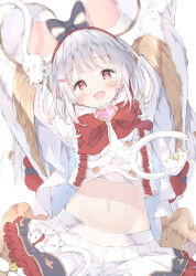 Rule 34 | 1girl, absurdres, animal ears, arms up, blush, brooch, fake animal ears, granblue fantasy, hair ornament, hairclip, heart, heart brooch, highres, jewelry, long sleeves, looking at viewer, mouse (animal), mouse ears, navel, open mouth, pleated skirt, red eyes, shirt, short hair, simple background, skirt, smile, solo, ukiwakisen, vikala (granblue fantasy), white background, white hair, white skirt