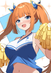 Rule 34 | 1girl, :d, amenocchi, backboob, blue background, blue eyes, blue ribbon, blunt bangs, blunt ends, blush, breasts, cheerleader, clothes lift, clothes writing, commentary request, ear piercing, english text, eyelashes, hair ribbon, happy, highres, hime cut, holding, holding pom poms, large breasts, long hair, looking at viewer, navel, nose blush, open mouth, orange hair, original, piercing, pom pom (cheerleading), pom poms, ribbon, shirt, shirt lift, sidelocks, simple background, sleeveless, sleeveless shirt, smile, solo, sparkle, stomach, straight hair, tsurime, twintails, twintails day, two-tone background, upper body, very long hair, white background