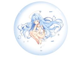 Rule 34 | 1girl, anklet, ark order, bare legs, barefoot, blue hair, bubble, dress, fins, fish, full body, half-closed eyes, halo, head fins, hugging own legs, jewelry, kuen (ark order), looking at viewer, maya g, official art, side slit, solo, tachi-e, transparent background, water, white dress, yellow eyes