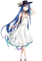 Rule 34 | 1girl, adapted costume, adjusting hair, black footwear, black hat, blue hair, breasts, cleavage, dress, food, fruit, full body, glass, hat, hinanawi tenshi, holding, long hair, medium breasts, peach, rainbow gradient, rainbow order, red eyes, shoes, solo, standing, tetsurou (fe+), touhou, very long hair, white background, white dress