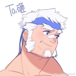 Rule 34 | 1boy, bandaid, bandaid on face, bandaid on nose, bara, ben (rollingstonex6), blue headband, blush, boom2 (94799276), borrowed character, facial hair, forked eyebrows, gift art, goatee, headband, huge eyebrows, looking to the side, male focus, mature male, mutton chops, original, portrait, short hair, solo, turning head, tusks, white hair
