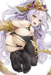 Rule 34 | 1girl, absurdres, ass, bad id, bad pixiv id, blush, breasts, breasts out, brown eyes, feet, from behind, granblue fantasy, hair between eyes, headpiece, highres, huge ass, hyouta (yoneya), light purple hair, long hair, looking at viewer, looking back, medium breasts, medusa (shingeki no bahamut), nipples, no shoes, open mouth, pantyhose, pointy ears, soles, solo, tail, toes, torn clothes, torn pantyhose, very long hair, white background