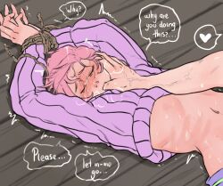 Rule 34 | 2boys, bacchyarts, blush, bound, bound wrists, closed eyes, clothes lift, crying, english text, full-face blush, heart, highres, imminent penetration, jojo no kimyou na bouken, kidnapped, long hair, male focus, multiple boys, navel, pants, pink hair, purple sweater, risotto nero, speech bubble, spoken heart, sweater, sweater lift, tears, thumb sucking, trembling, veins, vento aureo, vinegar doppio, yaoi