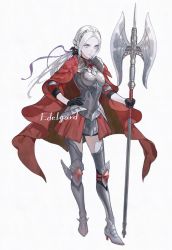 Rule 34 | 1girl, alternate hairstyle, armor, axe, breastplate, breasts, cape, character name, closed mouth, edelgard von hresvelg, fire emblem, fire emblem: three houses, fire emblem warriors, fire emblem warriors: three hopes, full body, gloves, hair ornament, hair ribbon, hand on own hip, long hair, long sleeves, looking at viewer, mueririko, nintendo, official alternate costume, official alternate hairstyle, purple eyes, red cape, ribbon, simple background, skirt, solo, thighhighs, thighs, uniform, weapon, white hair, zettai ryouiki