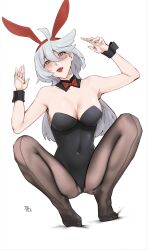 Rule 34 | 1girl, absurdres, ahoge, animal ears, artist name, black leotard, black pantyhose, black wrist cuffs, blush, bow, bowtie, breasts, cleavage, covered navel, detached collar, fake animal ears, full body, grey eyes, grey hair, gundam, gundam suisei no majo, hair between eyes, hands up, highres, large breasts, leotard, long hair, looking at viewer, miorine rembran, open mouth, pantyhose, playboy bunny, rabbit ears, red bow, simple background, solo, strapless, strapless leotard, tierla, tongue, tongue out, white background, wrist cuffs