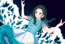 Rule 34 | absurdres, black hair, blue eyes, dress, earrings, highres, idol, idol clothes, indonesian commentary, jewelry, jkt48, light blue dress, light smile, long hair, neru (vhyrie), real life, waves