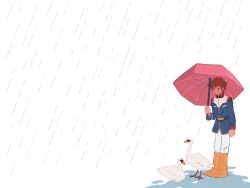 Rule 34 | 1boy, :|, amuro ray, bird, blue jacket, boots, bright pupils, closed mouth, commentary, full body, goose, gundam, highres, holding, holding umbrella, jacket, knee boots, long sleeves, male focus, mobile suit gundam, oriazhez, pants, pink umbrella, puddle, rain, short hair, simple background, solo, standing, umbrella, uniform, white background, white pants, white pupils, wide shot, yellow footwear