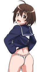 Rule 34 | 10s, 1girl, :d, ahoge, ass, blush, brave witches, brown eyes, brown hair, from behind, fundoshi, hair ornament, hairclip, japanese clothes, karibuchi hikari, long sleeves, looking back, matching hair/eyes, open mouth, school uniform, serafuku, short hair, smile, solo, world witches series, youkan