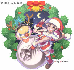 Rule 34 | 1girl, antlers, aoi sora (pairan), bag, bell, berry, blush, boots, bow, brown eyes, brown hair, christmas, face, fingerless gloves, gloves, hat, holly, horns, long hair, merry christmas, night, open mouth, original, pairan, ribbon, round teeth, santa costume, santa hat, smile, solo, source request, teeth, twintails, wreath