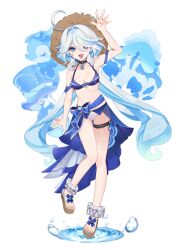 Rule 34 | 1girl, absurdres, ahoge, arm up, bare shoulders, bikini, blue bikini, blue eyes, blue hair, breasts, bubble, cleavage, commentary request, feet, fingernails, full body, furina (genshin impact), genshin impact, gentilhomme usher, hair between eyes, heterochromia, highres, large breasts, legs, light blue hair, long hair, looking at viewer, mademoiselle crabaletta, makino (gensekiplease), multicolored hair, navel, open mouth, sandals, sidelocks, simple background, smile, solo, stomach, streaked hair, surintendante chevalmarin, swimsuit, teeth, toeless footwear, toenails, toes, two-tone hair, upper teeth only, water, waving, white background