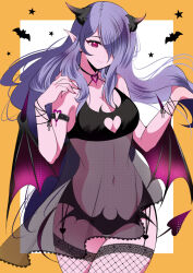 Rule 34 | 1girl, alternate costume, bat (animal), breasts, camilla (fire emblem), cleavage, cleavage cutout, clothing cutout, covered navel, cowboy shot, demon girl, demon horns, demon tail, fe135700, fingernails, fire emblem, fire emblem fates, fishnet thighhighs, fishnets, hair over one eye, halloween, halloween costume, highres, horns, long hair, looking at viewer, medium breasts, nintendo, pointy ears, purple eyes, purple hair, sharp fingernails, smile, solo, tail, thighhighs