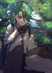 Rule 34 | 1girl, absurdres, black necktie, black pants, bright pupils, brown eyes, clodsire, closed mouth, collared shirt, commentary request, creatures (company), day, game freak, green hair, hand up, highres, long hair, looking down, necktie, nintendo, omochi hori, outdoors, pants, petting, pokemon, pokemon (creature), pokemon sv, rika (pokemon), shirt, smile, suspenders