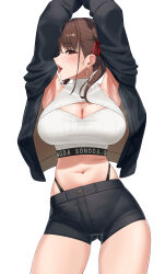 Rule 34 | 1girl, absurdres, armpits, arms up, black jacket, black panties, black shorts, blush, breasts, brown hair, cleavage, cropped sweater, earrings, gluteal fold, hear (kpmf4732), highleg, highleg panties, highres, hoop earrings, idolmaster, idolmaster shiny colors, jacket, jewelry, large breasts, looking at viewer, meme attire, navel, open-chest sweater, open clothes, open jacket, panties, red eyes, short shorts, shorts, simple background, sleeveless, sleeveless sweater, smile, solo, sonoda chiyoko, steaming body, stomach, sweater, tongue, tongue out, underwear, white background, white sweater