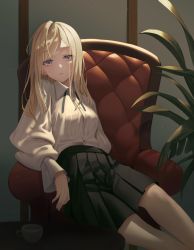 Rule 34 | 1girl, arm support, armchair, black skirt, blonde hair, blush, breasts, chair, coffee table, cup, dress shirt, easy chair, highres, indoors, leaning to the side, light particles, long hair, looking at viewer, original, parted bangs, parted lips, plant, pleated skirt, purple eyes, school uniform, shands, shirt, sitting, skirt, small breasts, solo, table, teacup, white shirt, wide sleeves