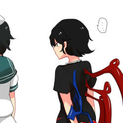 Rule 34 | ..., 2girls, asymmetrical wings, bad id, bad pixiv id, black dress, black hair, blue wings, commentary request, dress, from behind, houjuu nue, looking at another, multiple girls, murasa minamitsu, red wings, sailor collar, sailor shirt, shikushiku (amamori weekly), shirt, short hair, short sleeves, simple background, spoken ellipsis, touhou, upper body, white background, white headwear, wings
