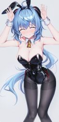 Rule 34 | 1girl, ahoge, alternate breast size, animal ears, armpits, arms up, bare shoulders, bell, black hairband, black leotard, blue hair, blush, breasts, cleavage, closed eyes, closed mouth, clothing cutout, covered navel, cowbell, detached collar, embarrassed, facing viewer, fake animal ears, fake tail, feet out of frame, ganyu (genshin impact), genshin impact, goat horns, grey pantyhose, ha en, hairband, highres, horns, large breasts, leotard, long hair, low ponytail, nose blush, pantyhose, rabbit ears, rabbit pose, rabbit tail, side-tie leotard, solo, standing, strapless, strapless leotard, tail, thighband pantyhose, underboob cutout, very long hair, wrist cuffs