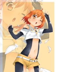 Rule 34 | 1girl, :o, ahoge, akitsuki itsuki, black gloves, bodysuit, commission, copyright request, cropped shirt, elbow gloves, feathers, fingerless gloves, gloves, hands up, looking at viewer, navel, one eye closed, open bodysuit, open clothes, open mouth, orange eyes, orange hair, shirt, short shorts, shorts, skeb commission, white shirt, yellow shorts