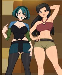 Rule 34 | 2girls, afrobull, alternate breast size, aqua hair, aqua lips, arm behind head, armpits, black eyes, black hair, black thighhighs, breast envy, breasts, choker, cleavage, gluteal fold, gwen (total drama), heather (total drama), highres, large breasts, lipstick, long hair, looking at another, looking at viewer, makeup, midriff, model pose, multicolored hair, multiple girls, navel, short hair, shorts, skirt, smile, thighhighs, total drama