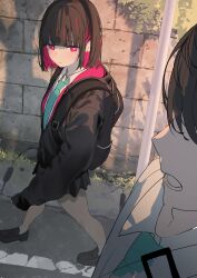 Rule 34 | 1boy, 1girl, 38 (sanjuuhachi), absurdres, aqua necktie, backpack, bag, bare legs, black bag, black footwear, black hair, black hoodie, black skirt, blunt bangs, blush, bob cut, brick wall, bright pupils, closed mouth, collared shirt, colored inner hair, commentary request, faceless, faceless male, highres, hood, hood down, hoodie, looking at another, lower teeth only, multicolored hair, necktie, open collar, open mouth, original, outdoors, partially unzipped, pink eyes, pink hair, pleated skirt, pole, shirt, short hair, short socks, shoulder strap, sidelocks, skirt, sleeves past wrists, socks, sweat, teeth, thick eyelashes, two-tone hair, walking, white pupils, white shirt, white socks