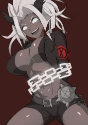Rule 34 | 1girl, abs, armband, belt, black horns, bound, bound arms, breasts, chain, chained, chain, cleavage, demon girl, demon horns, fang, from below, furrowed brow, glowing, glowing eyes, helltaker, highres, horns, jacket, judgement (helltaker), large breasts, long hair, long sleeves, looking at viewer, looking down, navel, open clothes, open jacket, open mouth, ponytail, red background, satou rin (gobugabuge), segmented horns, simple background, smile, solo, white eyes, white hair