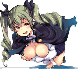 Rule 34 | 1girl, anchovy (girls und panzer), anzio school uniform, blush, breasts, breasts out, cape, gengoroh, girls und panzer, green hair, hair ornament, hair ribbon, highres, large breasts, long hair, looking at viewer, nipples, open mouth, red eyes, ribbon, school uniform, simple background, smile, solo, twintails, white background